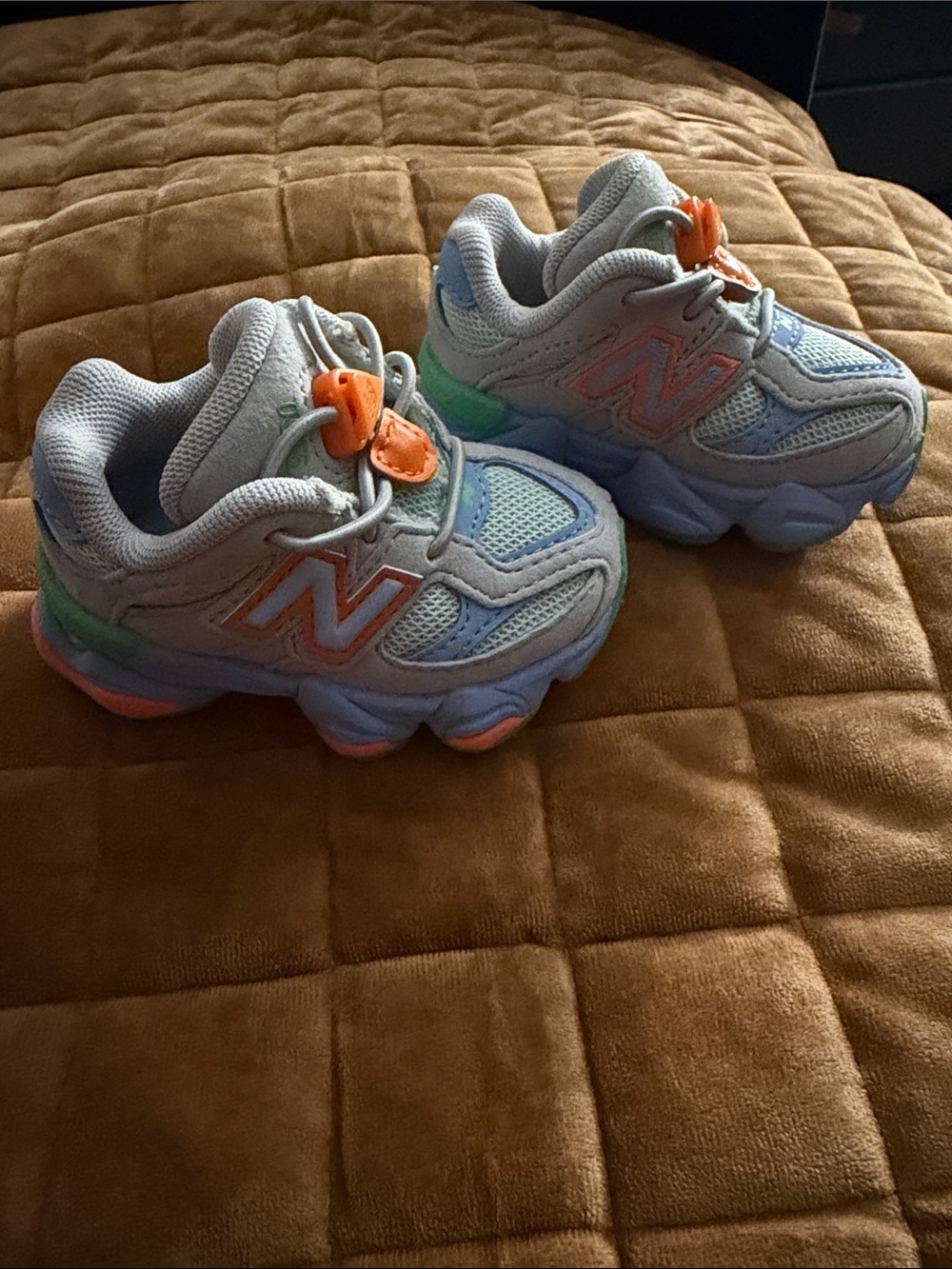 New Balance Kids White, Light Blue & Orange Sneakers with Mint Accents